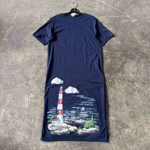 Vintage Blair Shift Dress Womens M L Blue Lighthouse Nautical Sea Graphic Ocean
